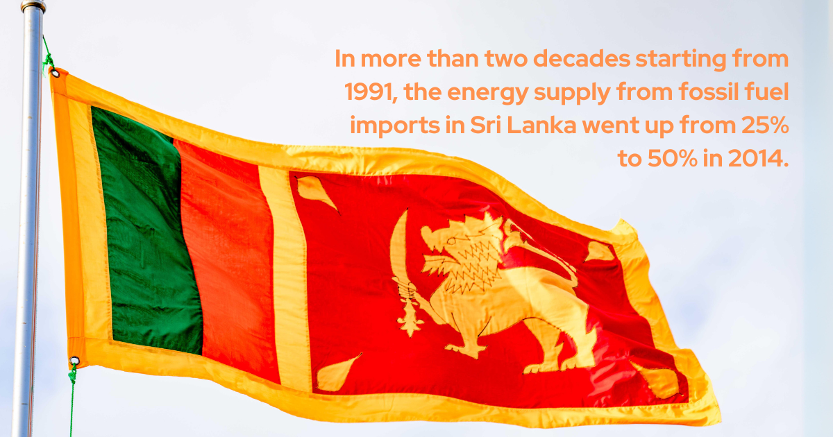 In more than two decades from 1991. the energy supply from fossil fuel imports in Sri Lanka went up from 25% to 50% in 2014.